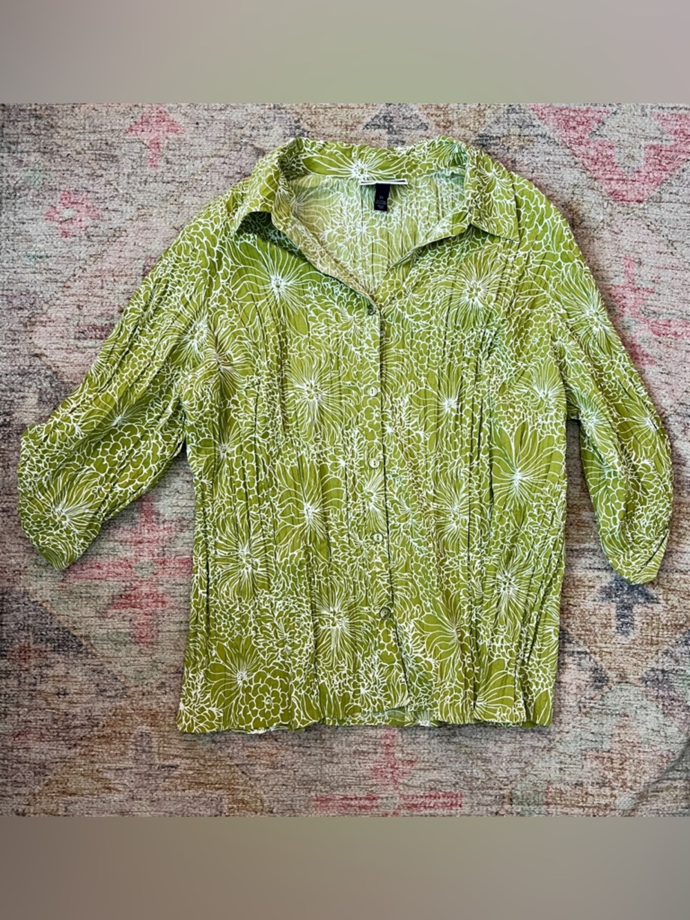 Karen Scott Olive Green Floral Button-Front Women’s Shirt